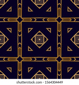 Art Deco Geometric Seamless Pattern. Fashion Vintage Ornament. Geometric Lattice Pattern with Gold. Vintage Interior Texture. Ornament with Mosaic Shapes.