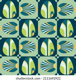 Art Deco Geometric Seamless Pattern with Easter Eggs, squares and circles, abstract Bauhaus background. Perfect background for cards, wallpaper, fabrics print, posters, wrapping, pack paper. 