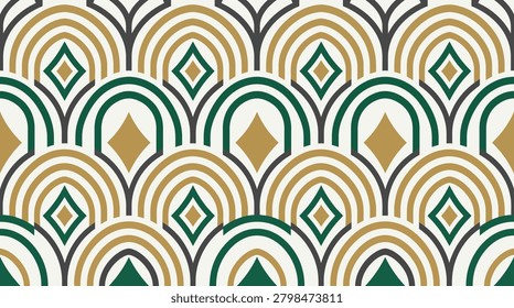 Art Deco geometric seamless pattern with stylized arches in emerald green, gold, and cream colors, a classic vintage wallpaper design
