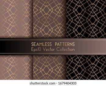 Die geometrischen Muster der Art deco setzen Vektorillustration-Grafik-Design mit rhombus Formen und dünnen goldenen Linien Gitter. Chic-Interieur-Tapete-Drucke. Goldene, schwarz-braune Kunst-Deko nahtlose Musterkollektion.