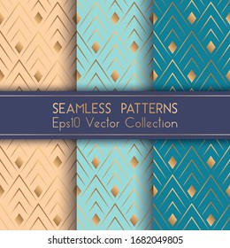 Art deco geometric seamless patterns set vector graphic design with rhombus shapes and thin gold lines grid. Chic interior tile prints. Gold beige teal blue art deco seamless patterns collection.