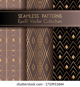 Art deco geometric seamless patterns set vector graphic design with rhombus shapes and thin gold lines grid. Chic interior wallpaper prints. Gold black brown art deco seamless patterns collection.