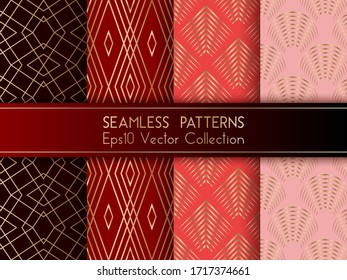 Los patrones geométricos sin fisuras Art deco establecen el diseño gráfico vectorial con formas geométricas y líneas de oro finas. Impresiones de azulejos interiores elegantes. Colección de patrones sin fisuras de color rojo rosa cereza.