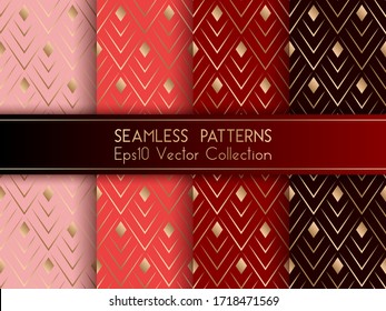 Art deco geometric seamless patterns set vector graphic design with geometric shapes and thin gold lines grid. Chic interior tile prints. Cherry red rose gold art deco seamless patterns collection.
