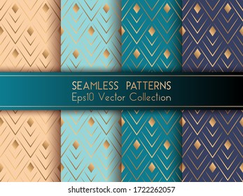 Art deco geometric seamless patterns set vector graphic design with geometric shapes and thin gold lines grid. Chic interior tile prints. Gold beige teal blue art deco seamless patterns collection.