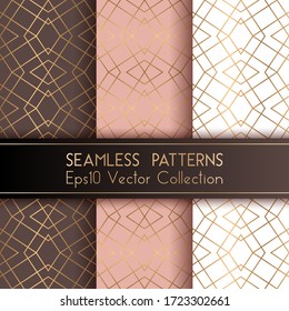 Art deco geometrische nahtlose Muster setzen Vektordesign mit rhombus Formen und dünnen goldenen Linien Gitter. Schick-Mode-Stoffdrucke. Goldrosa, weißbraune Kunst-Deko nahtlose Musterkollektion.