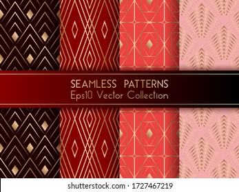 Art deco geometric seamless patterns set vector graphic design with geometric shapes and thin gold lines grid. Chic interior tile prints. Cherry red rose gold art deco seamless patterns collection.