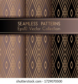Art deco geometric seamless patterns set vector graphic design with rhombus shapes and thin gold lines grid. Chic interior wallpaper prints. Gold black brown art deco seamless patterns collection.