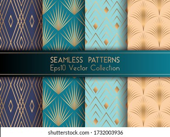 Art deco geometric seamless patterns set vector graphic design with geometric shapes and thin gold lines grid. Chic interior tile prints. Gold beige teal blue art deco seamless patterns collection.