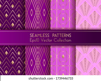 Art deco geometric seamless patterns set vector graphic design with geometric shapes and thin gold lines grid. Chic interior tile prints. Purple violet art deco seamless patterns collection.