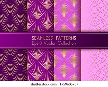 Art deco geometric seamless patterns set vector graphic design with geometric shapes and thin gold lines grid. Chic interior tile prints. Purple violet art deco seamless patterns collection.