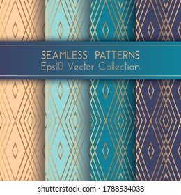 Los patrones geométricos interminables de Art deco establecen el diseño gráfico vectorial con formas rhombus y rejilla de líneas de oro finas. Ricas impresiones de tela de moda. Colección de motivos sin fisuras del arte azul turquesa dorado