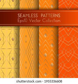Art deco geometric seamless patterns set vector graphic design with geometric shapes and thin lines gold grid. Chic interior tile prints. Colorful orange art deco seamless patterns collection.
