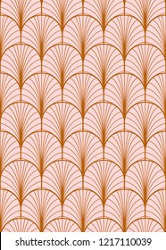 Art deco geometric seamless vector pattern. Gold and dusty pink peacock abstract feathers texture.