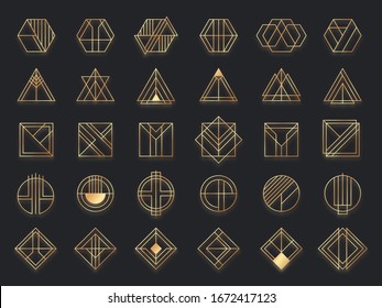Art deco geometric shapes. Golden geometrical art shape, gold circle symbol and abstract triangle. Creative lines square and elegant geometrics rhombus vector. Geometric decoration frame illustration