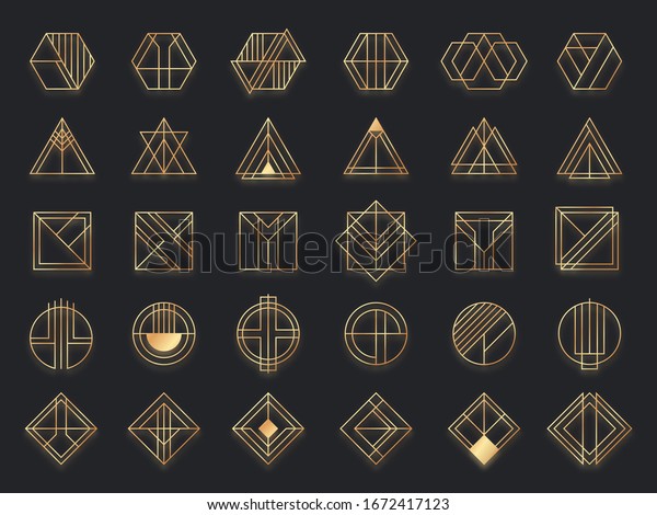 Art deco geometric shapes. Golden\
geometrical art shape, gold circle symbol and abstract triangle.\
Creative lines square and elegant geometrics rhombus vector.\
Geometric decoration frame\
illustration