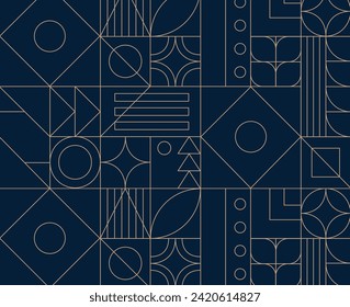 Art deco geometrical vintage pattern drawing in blue palette.