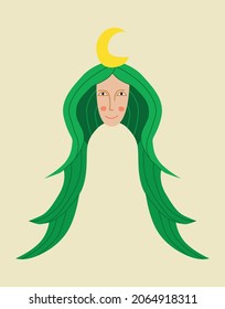 An art deco girl with green hair and a moon on her hair. The girl is an Allegory of a Christmas tree. Christmas design with a place for text for greeting cards and greetings.