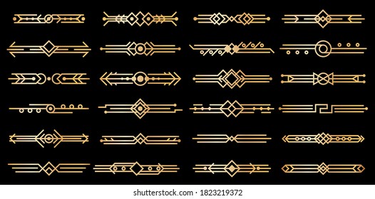 Art deco gold borders. Golden luxury vintage ornamental shapes, geometric line patterns, 1920s empty elegant style design elements abstract retro decorative collection vector isolated illustration set