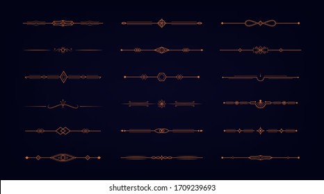 Art deco gold borders. Vintage 1920s golden divider set isolated on dark background. Artdeco ornament decoration vignettes, retro nouveau vector illustration