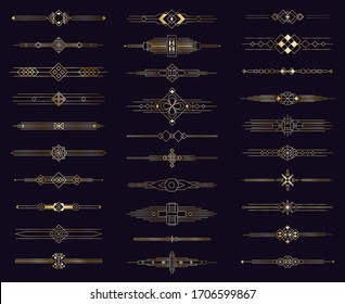 Art deco gold divider. Modern golden elegant border, decorative antique ornament. Vintage arabic geometric dividers isolated icons elements set. Illustration border menu divider, template label page