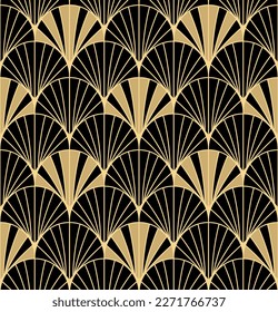 Art Deco gold fan pattern. Luxury geometric decor on black background. 
