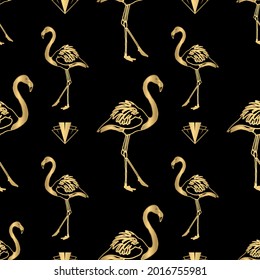 Patrón Art Deco de flamenco de oro sobre fondo negro