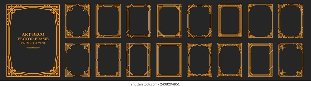 Art Deco Goldrahmen, Vintage-Rahmen, Ornamentrahmen, Linien-geometrische Luxus-Rahmen, Hochzeit-Banner-Etikett-Karte geometrische Hintergrund-Vektor-Illustration