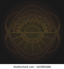 Art deco gold geometry vector pattern. Day and night. Sunrise sunset moon stars. Creative concept. Artistic retro cover design. Fabric abstract frame. Old. Isolated on black background