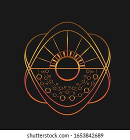Art deco gold geometry vector pattern. Day and night. Sunrise sunset moon stars. Creative concept. Artistic retro cover design. Fabric abstract frame. Old. Isolated on black background