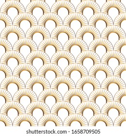 Art Deco gold seamless pattern isolated. Art deco golden sun pattern on a white background. The pattern overlaps each other. Vector seamless pattern. Art Deco for textile, packaging, background, cover