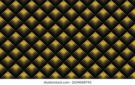 Art Deco gold seamless vintage wallpaper with rhombus rays and geometric patterns, blending Art Nouveau elegance in a luxurious design.