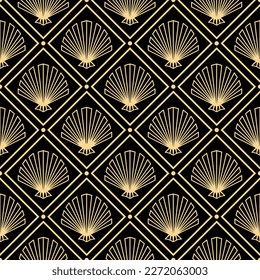 Art Deco gold shell pattern. Luxury geometric decor on black background. 