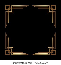 Art Deco Gold Square vector frame on black background. Isolated metal border with empty space