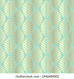 Art deco gold wallpaper. Seamless vector green-blue background with ornate decorative leaves, shiny vintage texture 