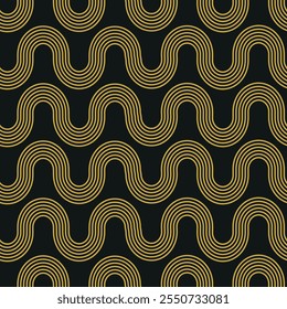 Art Deco Golden Arch Swirl Lines seamless pattern on black background. For wallpaper, textile and home décor