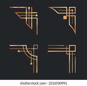 Art deco golden corners. Geometric elegant borders for page decoration. Gold vintage line templates in classical style for certificate, greetings and invitations isolated vector set