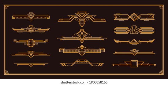 Art deco golden elegant vintage style decorative elements border design templates set black background isolated vector illustration