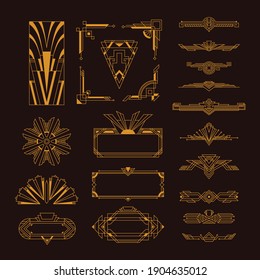 Art deco dorado elegante estilo vintage elementos decorativos cuadros plantillas conjunto fondo negro ilustración vectorial aislado