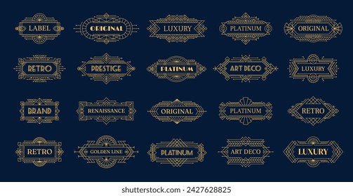 Art deco golden frames and borders, vintage labels with modern geometric ornament, line vector. At deco frames with gold elegant luxury or antique decoration and retro ornate Victorian pattern