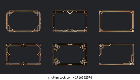 Art deco golden frames set. Line gold decorative borders isolated on black background. Vector illustration for vintage, decoration, antique design concept