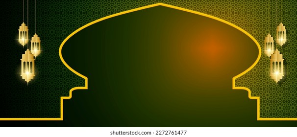 Art deco golden lantern in the night for Ramadan banner background design.