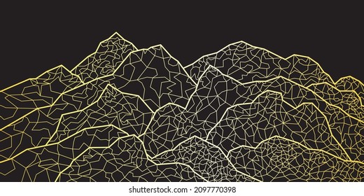 Art deco golden mountains isolated on black background. Luxury wallpaper design with gold foil glittering sketch of mountain landscape. Vector illustration
