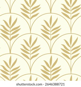 Art deco golden palm leaves on scallop arches seamless pattern. For wallpaper, home décor and textile 