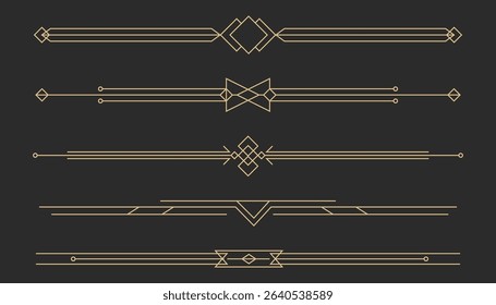Art deco golden retro divider, border. Line frame vintage geometry gold elegant decoration. Set ornate decor elements.