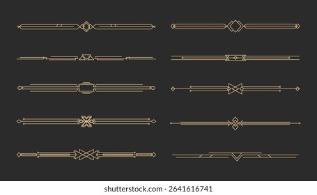 Art deco golden retro divider, border. Line frame vintage geometry gold elegant decoration. Set ornate decor elements.
