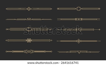 Art deco golden retro divider, border. Line frame vintage geometry gold elegant decoration. Set ornate decor elements.