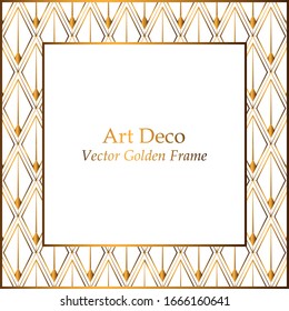 Marco de patrón de rombos dorados Art Déco. Marco cuadrado con espacio de copia blanco. Patrón dorado sobre fondo blanco. Marco vectorial vintage para invitaciones, tarjetas de felicitación, portadas.Patrón geométrico.