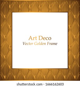 Art Deco golden rhombuses pattern frame. Square frame with white place for your text. Gold pattern on a gold background. Vintage vector frame for invitations, greeting cards, covers. Geometric pattern