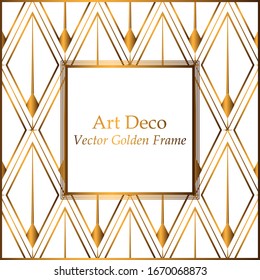 Marco de patrón de rombos dorados Art Déco. Marco cuadrado con lugar blanco para el texto. Patrón dorado sobre fondo blanco. Marco vectorial vintage para invitaciones, tarjetas de felicitación, portadas. Motivos geométricos